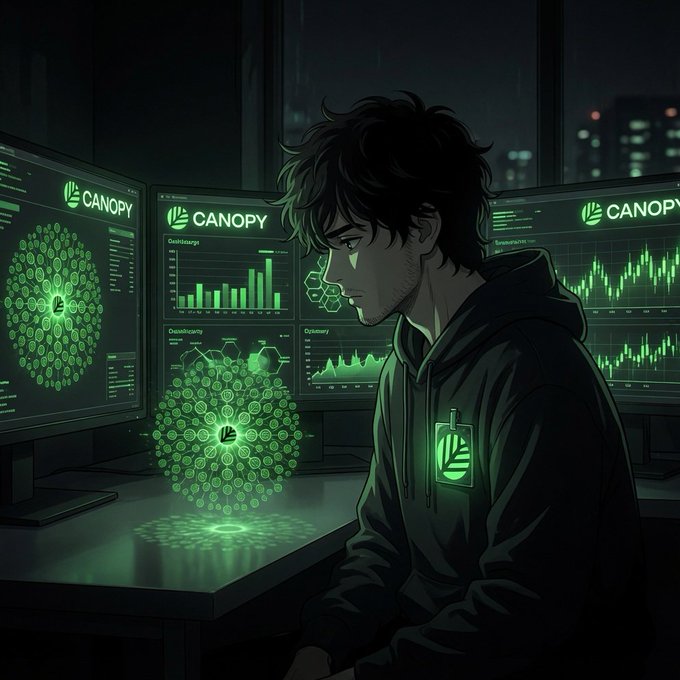 An anime-style digital art of a young man at a desk with multiple monitors displaying 'CANOPY' branding, data charts, and a glowing green geometric hologram.