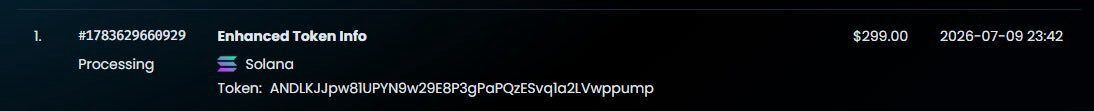 A dark-themed transaction record shows 'Enhanced Token Info' for $299.00, dated 2026-07-09 23:42, with status 'Processing' and Token: 'ANDLKJJpw81UPYN9w29E8P3gPaPQzESvqJa2LVwppump' on the Solana network.