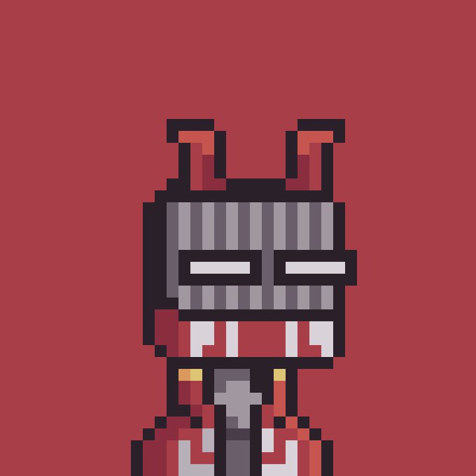 A pixel-art character with a gray helmet featuring small horns and a visor with white eye-slits is depicted in red and black tones against a solid dark red background.