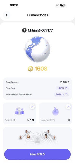 Mobile app screen showing 'Human Nodes' with a Human Hash Power of 2024.3 and a balance of 1608 for user 'Mtrinh@077177'.