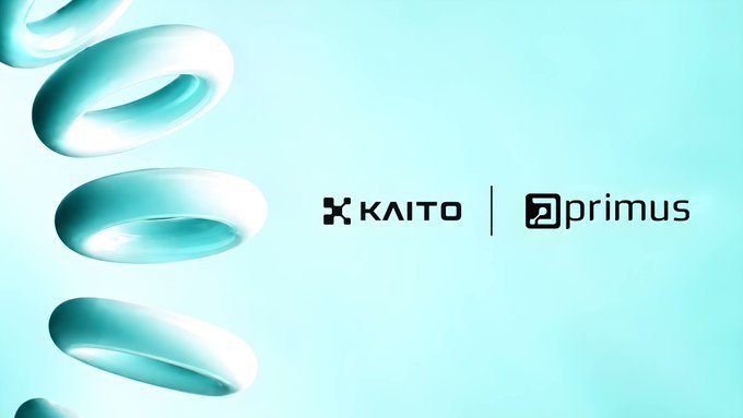 Teal-colored promotional graphic displaying 'KAITO' and 'primus' logos with floating 3D ring shapes on the left side.