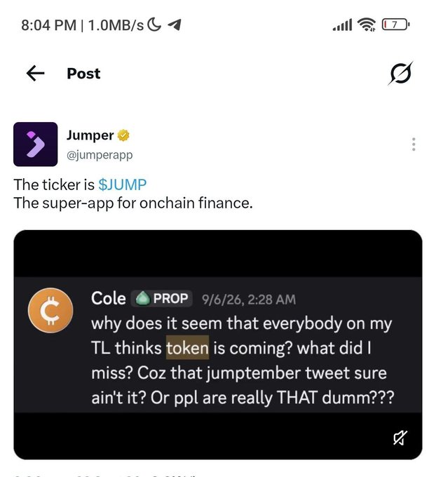 The image shows a Jumper (@jumperapp) post confirming the ticker $JUMP, paired with a screenshot of a Discord message from user "Cole" dated 9/6/26 questioning why people think a token is coming, suggesting the jumptember tweet isn't enough proof.
