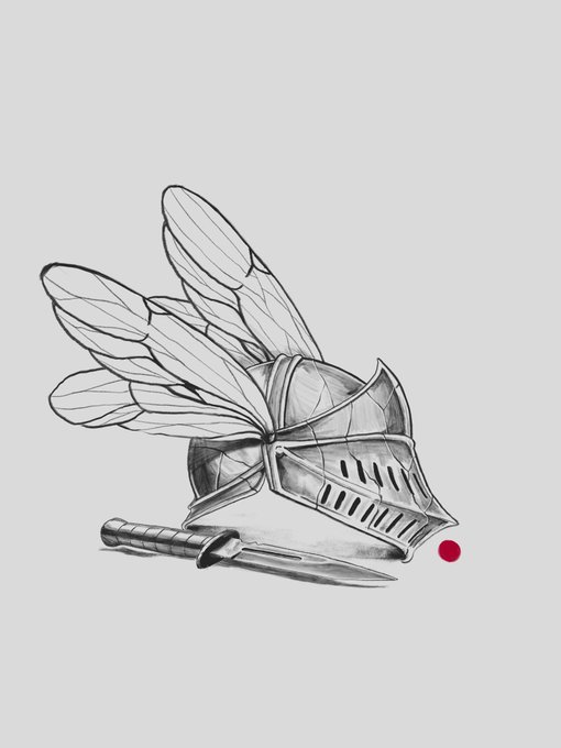 A pencil-style sketch of a medieval knight's helmet with large feathered wings, a sword laid in front, and a small red dot to the right.