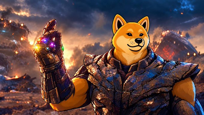 A Shiba Inu dog wearing the Infinity Gauntlet from Marvel stands against a dramatic, war-torn battlefield backdrop reminiscent of Avengers: Endgame.