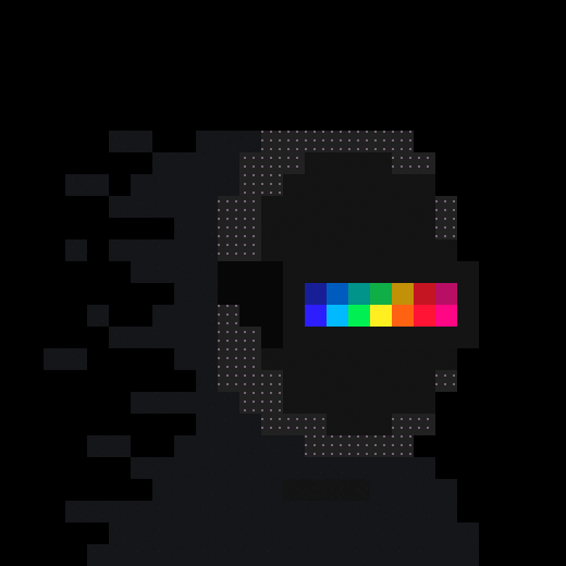 A pixel art image on a black canvas features a stylized figure or object with a horizontal rainbow color bar across the center.