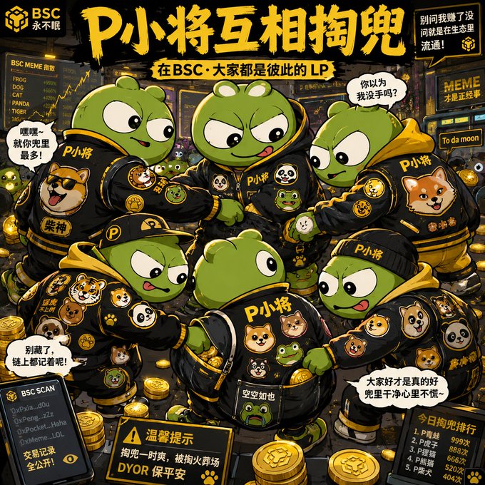 A cartoon illustration shows a group of green frog characters wearing black jackets adorned with "P小将" text and various meme coins (including Shiba Inu, Panda, Tiger, and Doge), standing among gold coins and crypto trading screens displaying tickers like FROG, DOG, CAT, PANDA, and TIGER, with Chinese text referencing BSC memecoins and LP trading.

The image satirizes BSC memecoin culture, visually representing the "P小将" (P generals) community as frogs humorously "robbing" each other's liquidity—directly tying into the proposal's message that BSC players enjoy playing with large market caps and need exclusive support from Binance leadership CZ and He Yi.