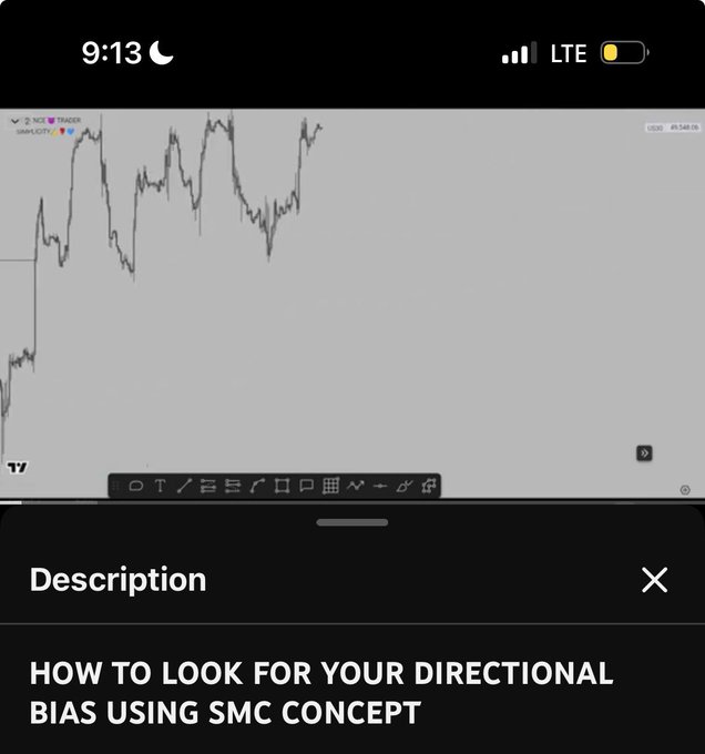A mobile screenshot showing a TradingView USD chart with "Description: HOW TO LOOK FOR YOUR DIRECTIONAL BIAS USING SMC CONCEPT," promoting a YouTube tutorial on determining market direction using Smart Money Concepts.