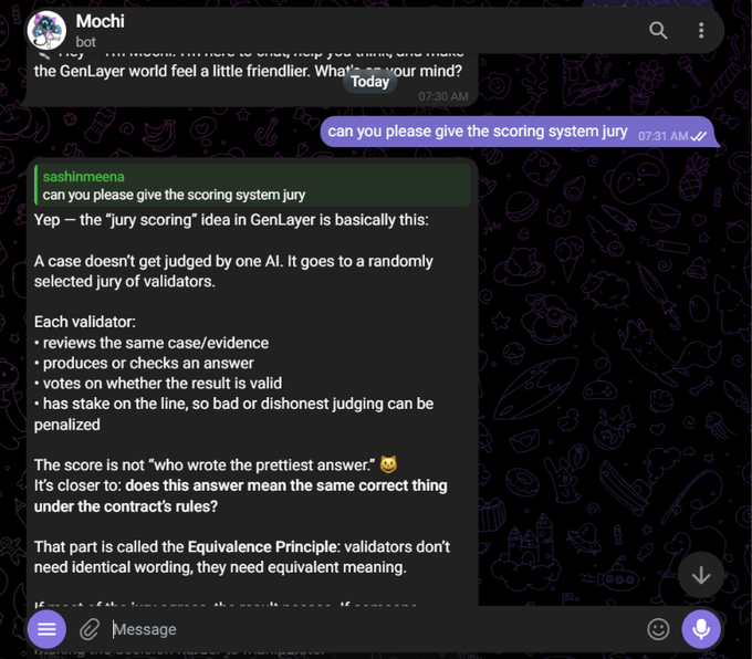 A Discord chat screenshot explaining the 'Jury scoring' system in GenLayer, sent by user 'sashinneena' in a bot channel.