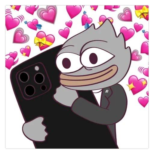 A cartoon gray character wearing a suit holding a smartphone, surrounded by floating pink hearts and arrow emojis.