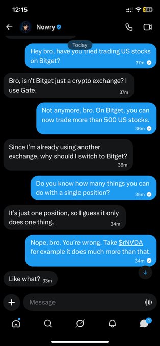 A Telegram chat conversation between users 'Nowry' and another contact discussing trading US stocks on Bitget, with references to $rNVDA and Gate exchange.