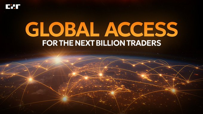 A banner with the 'EX' logo and the text 'GLOBAL ACCESS FOR THE NEXT BILLION TRADERS' overlaid on a space-themed background showing Earth's city lights connected by a glowing orange network grid.