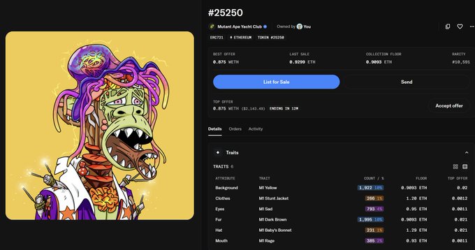 An NFT listing on OpenSea for token #25250 from Mutant Ape Yacht Club, showing a price of 0.875 ETH and various trait statistics.