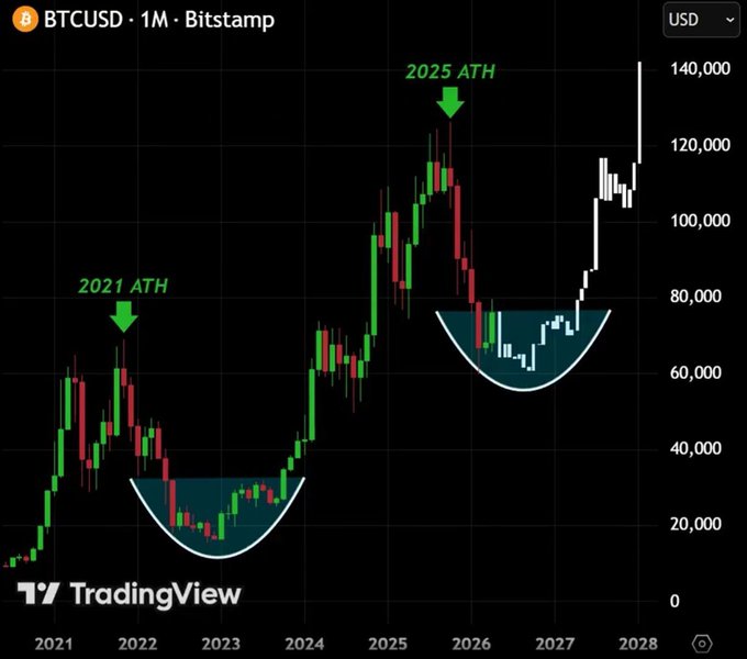 A TradingView monthly chart of BTCUSD from Bitstamp marking the '2021 ATH' and '2025 ATH' all-time highs, with two inverted cup-and-handle patterns highlighted in teal to suggest future price projections.