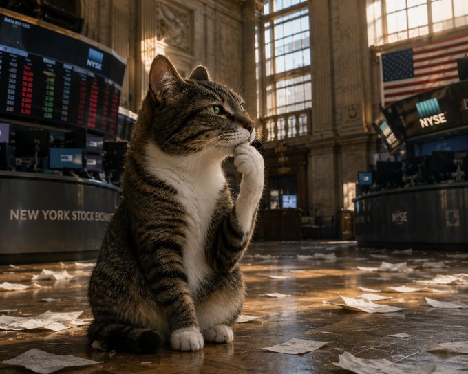 A tabby cat sitting on its hind legs in a thinking pose on the floor of the New York Stock Exchange (NYSE), with stock ticker screens and an American flag visible in the background.