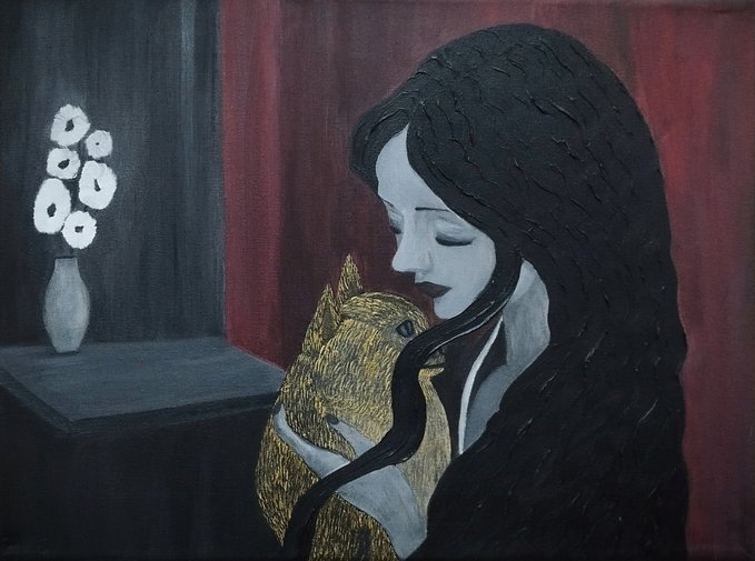 A dark, atmospheric painting depicts a pale woman with long black hair cradling a golden cat, with a small vase of white flowers on a table beside her against a deep red backdrop.