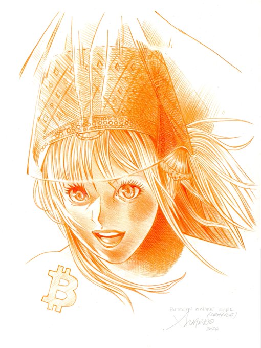 An orange-toned sketch illustration of a girl's face wearing a patterned hat, accompanied by a Bitcoin '₿' symbol and the text 'BITCOIN AMIGE GIRL (orange)'.