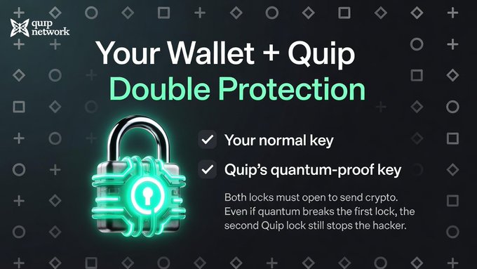 The image features a poster for Quip's network that explains how to use their Double Protection feature. The poster includes a green lock with a silver padlock symbolizing the security of Quip's Quantum-proof key, which can only be opened by two signatures - your normal key and the post-quantum signature.
The text on the poster states "Your wallet + Quip's Double Protection" and provides details about how to use this feature. The image also includes a quote from Quip that reads: "Quip wraps your existing wallet with a cosigner, even if a quantum computer breaks your main key someday".