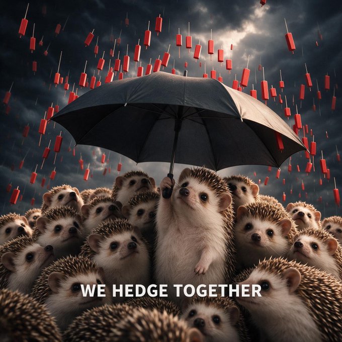 An AI-generated picture showing hedgehogs under an umbrella in a storm of red candlesticks with the text "WE HEDGE TOGETHER".