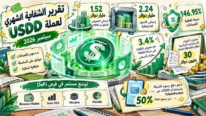 The image is an Arabic infographic titled "USDD Monthly Activity Report - September 2026" (تقرير النشاط الشهري لعملة USDD - سبتمبر 2026), highlighting key metrics including $1.52 billion in circulating supply, $2.24 billion in total reserves, a 146.95% collateral coverage ratio, and 3.4% APR for USDD-TRON savings, along with DeFi expansion opportunities through Binance Wallet, Gate DEX, Morpho, and Pendle. It also promotes a 50% reward bonus for using USDD on TokenPocket via smart allocator, which earned over $30 million in cumulative yields. The infographic visually complements the post by showcasing the same September 2026 performance figures for the USDD stablecoin ecosystem.