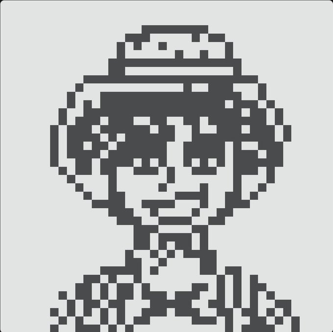 A pixel art portrait of a smiling person with short hair, rendered in grayscale blocks.