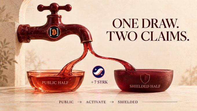 An advertisement showing a faucet dividing into two streams, labeled 'PUBLIC HALF' and 'SHIELDED HALF' with a '+7 STRK' icon, captioned 'ONE DRAW. TWO CLAIMS.' and 'PUBLIC → ACTIVATE → SHIELDED.'