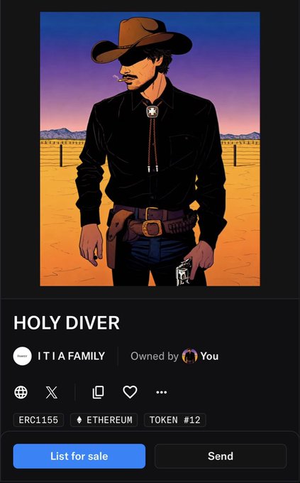 A digital NFT titled "HOLY DIVER" (Token #12) from the ITIA FAMILY collection on Ethereum, featuring an illustrated cowboy with a cigarette and holstered pistol in a desert sunset setting, is displayed on OpenSea—visually marking the ITIA Family's on-chain debut as a storytelling-driven NFT identity project.