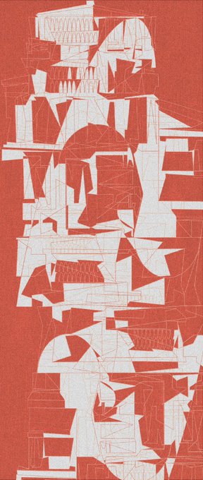 An abstract artistic illustration in red and white tones featuring fragmented geometric shapes, architectural elements, and a central face-like figure, with a textured red border and white line patterns throughout.