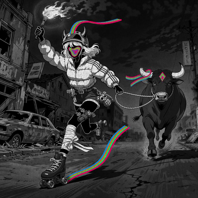 A black and white anime-style illustration of a horned warrior woman on roller skates holding a flaming torch and leading a bull with a pink, cyan, and rainbow trail, set in a post-apocalyptic urban landscape.