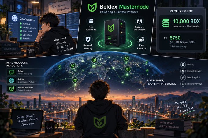A promotional graphic for 'Beldex Masternode - Powering a Private Internet' showing requirements of 10,000 BDX (~$750), featuring a person with green M logo clothing viewing a global network with various Beldex products.