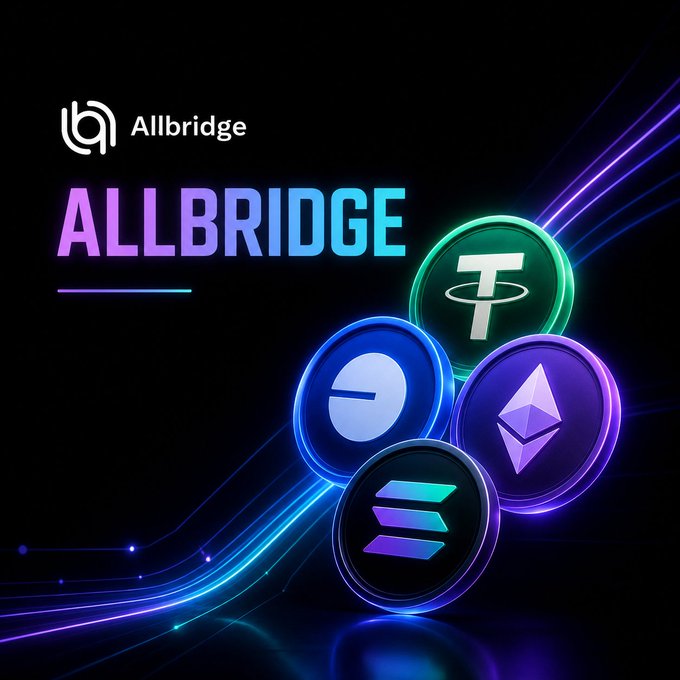 An 'ALLBRIDGE' promotional graphic featuring cryptocurrency logos including Tether (USDT), Solana (SOL), Ethereum, and others against a neon purple/blue background.