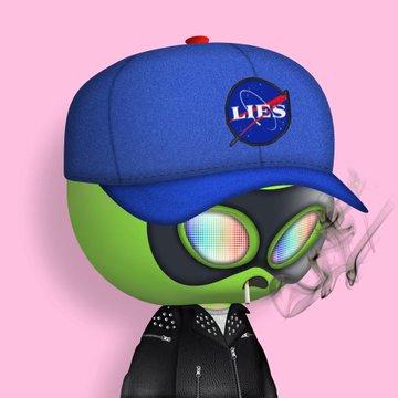 A cartoon green alien character wearing a blue NASA-style cap with a "LIES" patch, rainbow goggles, and a black leather jacket smokes against a pink background.
