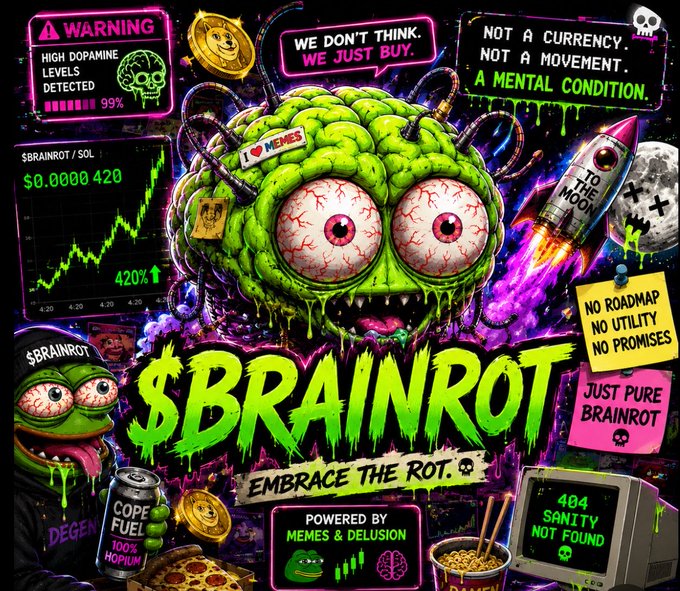 The image features a poster for a game that appears to be related to cryptocurrency, possibly called "Brainspotting". The poster displays various graphics, including a brain with red eyes and a green body, surrounded by different elements associated with cryptocurrency such as coins, Bitcoin transactions, and cryptocurrency exchange rates. There is also text on the poster, most of which revolves around the concept of cryptocurrency and digital money. 

The phrase "Embrace The Rot" appears to be present in the image, potentially as a reference or a tagline for the game's theme. The post caption reads "BRAINROT HAS ARRIVED We stared at charts for too long. We consumed too many memes. We fried our brains with pure dopamine. Now there' s no turning back. Just pure BRAINROT Join the rot. #BRAINROT #Memecoin #SOL #CryptoTwitter". The focus on these elements in the image connects them to the content of the poster and helps provide context for the post's purpose or message.
