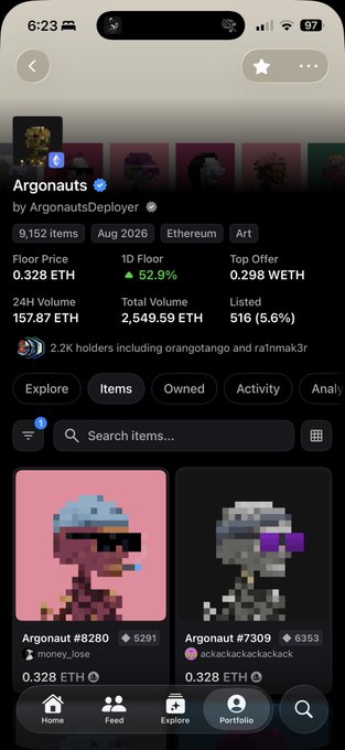 A screenshot of the “Argonauts” NFT collection on Ethereum shows 9,152 items, a 0.328 ETH floor price, and holdings like Argonaut #8280 and #7309. The “Poor port” tab is selected, matching the post about the portfolio barely holding up.