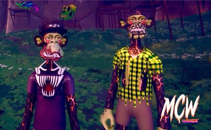Two anthropomorphic monkey characters with cracked, lava-like skin and menacing faces stand in a dark forest setting; one wears a black top hat and purple suit, while the other wears a yellow and black checkered shirt, with an 'MCW Meta Cats World' logo in the bottom right corner.