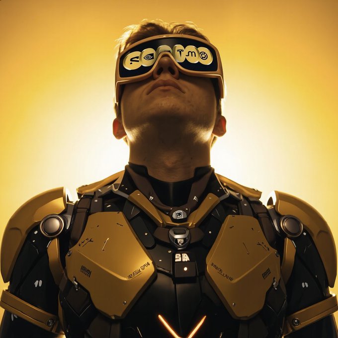 A cinematic portrait of a young man wearing yellow and black futuristic armor with a glowing visor displaying various eye icons, set against a warm golden-yellow background with sunlight behind him.