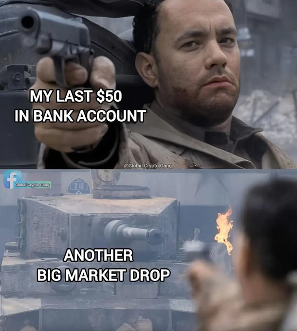 A two-panel meme showing a man pointing a gun with text 'MY LAST $50 IN BANK ACCOUNT' and a tank with text 'ANOTHER BIG MARKET DROP', watermarked with @Global Crypto Gang and 'Global Crypto Gang' logos.
