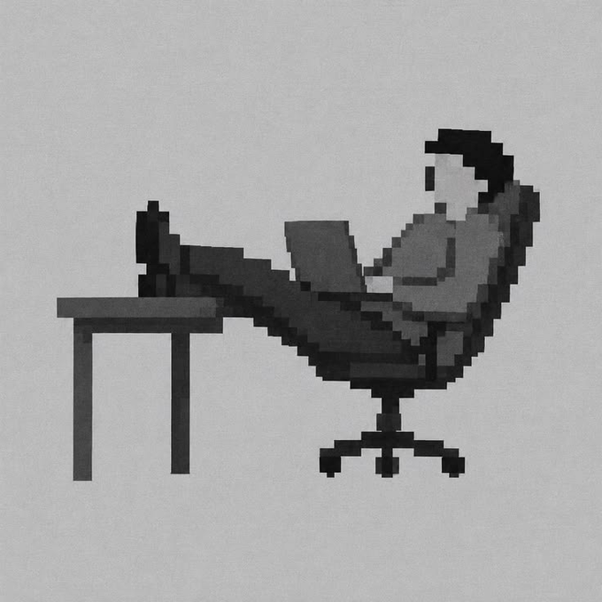 A low-resolution, pixelated grayscale image shows a person reclining in an office chair with their feet propped up on a desk, holding a laptop on their lap. The image serves as a visual metaphor for the post's message—depicting effortless, hands-off "autopilot" behavior—while contrasting it against the described AI agent from @attentionmine that actively executes complex on-chain tasks like treasury management and buybacks without human intervention.