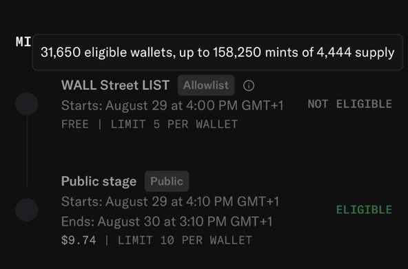 An NFT mint information page showing 31,650 eligible wallets for up to 158,250 mints, with a WALL Street LIST allowlist stage starting August 29 at 4:00 PM GMT+1 (NOT ELIGIBLE) and a Public stage starting at 4:10 PM GMT+1 (ELIGIBLE) at $9.74.