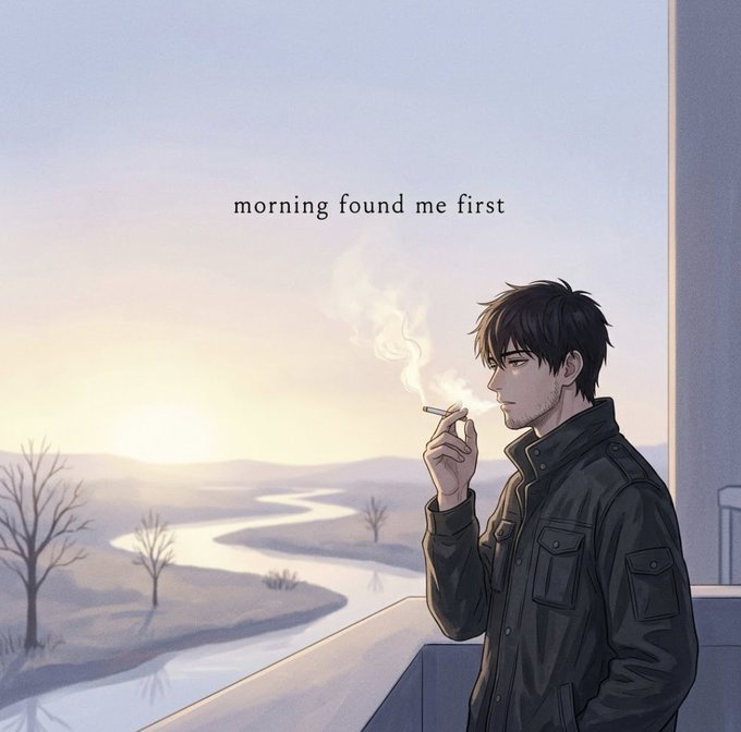 An anime-style illustration shows a dark-haired man in a green jacket smoking a cigarette on a balcony overlooking a river valley, with the text 'morning found me first' in the sky.