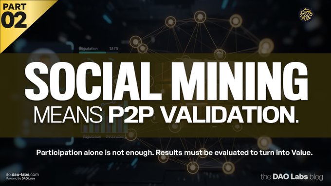 The image shows a poster with white text that reads "Social Mining means P2P Validation." The poster also includes an illustration of a network of dots, which could represent data points or connections within a social mining system. The poster encourages viewers to participate in the discussion and shares information about the DAO Labs blog for further reading on the topic.