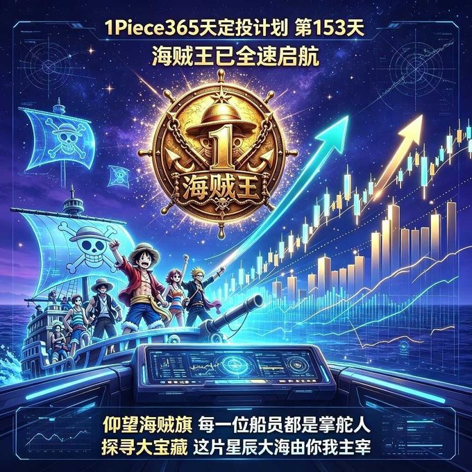 A vibrant promotional graphic with Chinese text about a '1Piece365' sky-bound investment plan, featuring One Piece anime characters on a pirate ship alongside rising stock charts and a gold '1' coin medallion.