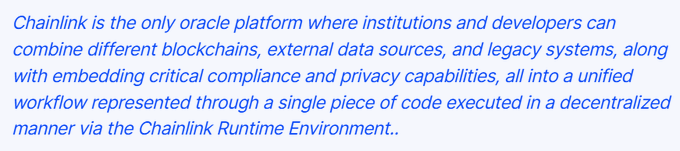 Text in blue font describing Chainlink as 'the only oracle platform where institutions and developers can combine different blockchains, external data sources, and legacy systems' via the Chainlink Runtime Environment.