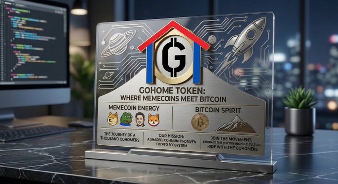A promotional plaque on a desk displaying 'GOHOME TOKEN: WHERE MEMECOINS MEET BITCOIN' with sections for 'MEMECOIN ENERGY' (featuring Pepe and doge memes) and 'BITCOIN SPIRIT', set against a city skyline background.