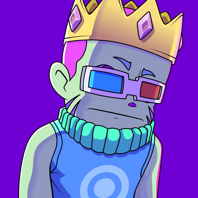 A cartoon illustration of a grey-skinned character wearing a gold crown with pink gems, blue 3D glasses, and a blue tank top against a purple background.