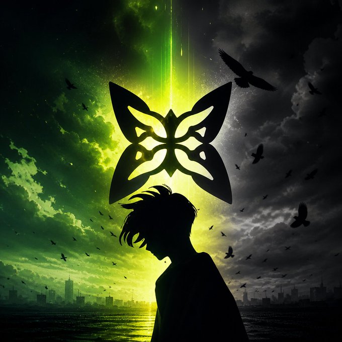 A dark silhouette of a person with a large butterfly-shaped emblem floating above them, set against a dramatic green and yellow sky filled with flying birds over a distant cityscape.