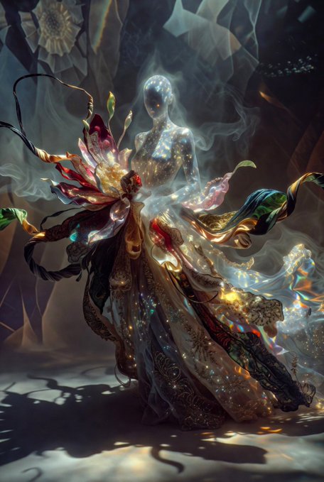 A fantasy digital artwork depicting an ethereal, luminous humanoid figure with a flowing, ornate gown featuring translucent fabrics, golden accents, and petal-like elements against a dark, atmospheric background.