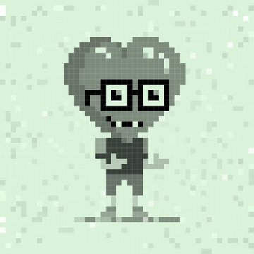 A pixel art illustration of a heart-shaped character wearing large square glasses against a light green background.