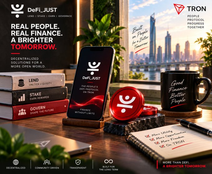 A promotional image featuring the DeFi_JUST protocol on TRON showcases a smartphone displaying "THE PEOPLE'S DEFI PROTOCOL ON TRON - FINANCE WITHOUT LIMITS," alongside a red branded coin, books labeled "LEND," "STAKE," and "GOVERN," and a coffee mug reading "Good Finance Better People." The image reinforces the post's message about shifting asset rankings by highlighting DeFi_JUST's core offerings—lending, staking, and governance—visualizing how user capital rotates between protocols based on yield, risk, and evolving preferences.