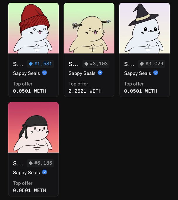 A collection of four Sappy Seals NFT cards showing different character designs (seal with beanie, seal with arrow, seal with witch hat, and seal with cap), each priced at 0.0501 WETH as top offer.