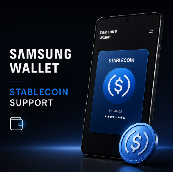 A promotional graphic displays a smartphone running the Samsung Wallet app with a blue "STABLECOIN" card showing a masked balance, alongside a 3D coin icon, with the text "SAMSUNG WALLET - STABLECOIN SUPPORT" on the left. The image visually reinforces the announcement of Samsung Wallet integrating stablecoin functionality, illustrating how mainstream crypto access is being embedded into familiar everyday apps rather than traditional exchanges.